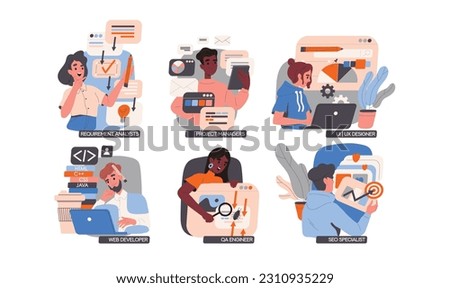 IT specialists set. People programmers work with computers and laptops. SMM employees create projects. Designers and freelancers developing in busines. Cartoon flat vector isolated on white background