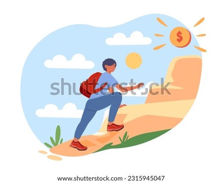 Boy goes to top concept. Teenager with backpack climbs up hills with gold coin. Motivation and leadership. Entrepreneurship and start up, business project. Cartoon flat vector illustration