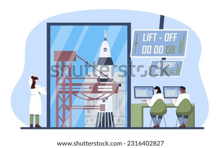 Flight control center concept. Men and women in medical suits look through glass at rocket flight. Team of scientists and engineers. Space mission and station. Cartoon flat vector illustration