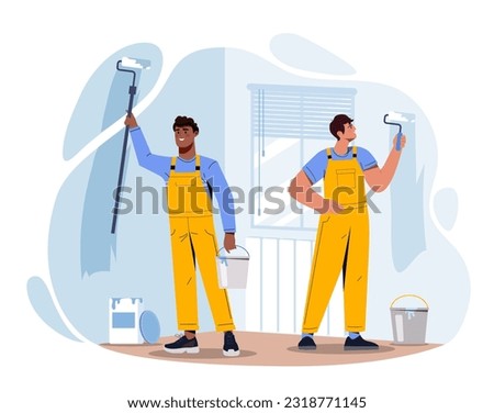 Renovation workers concept. Men with white paint rollers. Construction and repair, fashion and style. Comfort and coziness in apartment. Poster or banner for website. Cartoon flat vector illustration