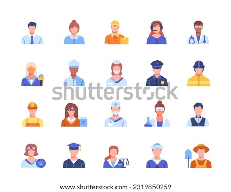 Colorful icons set. Portraits of employee, policeman, surgeon, teacher, delivery man and judge. Stickers with avatars of working people. Cartoon flat vector collection isolated on white background