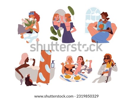 Girls on vacation set. Independent free characters relax, smell flowers and take bath. Trendy women take care of themselves, have dinner with friend and do shopping. Cartoon flat vector illustration