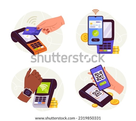 Contactless cashless payments set. Hands pay purchases with NFC technology, smartphone, credit card, smart watch, and QR code. Online shopping with POS terminals. Cartoon flat vector illustrations