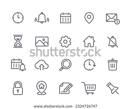 Outline app icons set. Line art stickers with notes and settings, gallery and mail, calendar and location. Phone home screen and menu. Linear flat vector collection isolated on white background