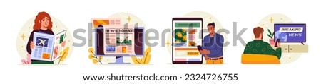 People read news. Characters browse online internet mass media feed on phone and computer, watching TV and reading paper newspaper. Cartoon flat vector collection isolated on white background