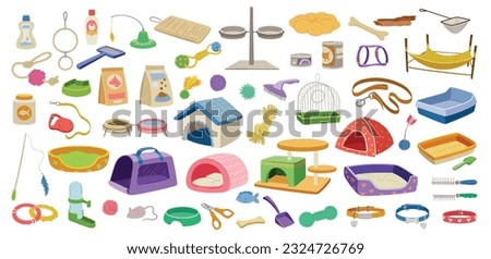 Pet supplies set. Veterinary shop elements food and bowls, toys, cages, trays, beds and collars. Pet care for cats and dogs, fish and birds. Cartoon flat vector collection isolated on white background