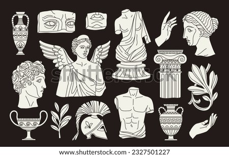 Ancient Greek sculptures set. Antique statues, plants and vases in line art style. Classical columns and Olympus gods. Trendy icons for tattoo design. Linear flat vector isolated on black background