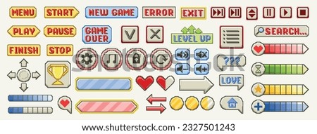 Pixel art icons set. Retro shapes and arrows, speech bubble messages and buttons for game user interface. Vintage stickers for websites. Cartoon flat vector illustration isolated on white background