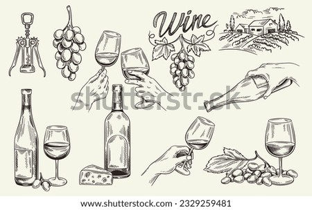 Sketch with wine set. Bottles of alcoholic red and white wine with glass goblets, cheese, vineyard, corkscrew and grapes. Tasting, sommelier and winery concept. Linear flat vector illustration
