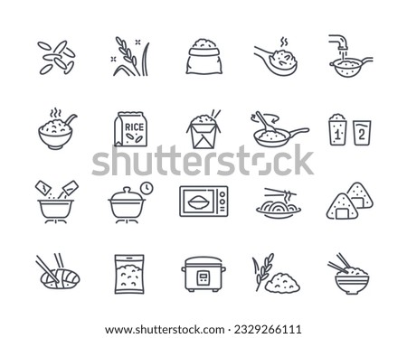 Cooking rice icons set. Japanese and Chinese cuisine and food. Boiling rice in microwave and slow cooker, frying and in pot and pan. Linear flat vector collection isolated on white background