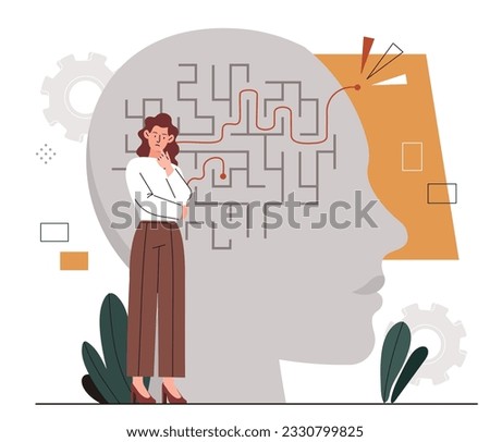 Woman with solutions to problems. Girl at backrgound of abstract silhouette of head with maze. Intellectual challenge and puzzles, task. Character makes decision. Cartoon flat vector illustration