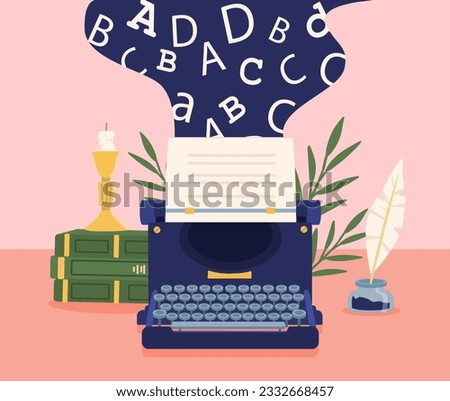 Vintage typing machine concept. Creativity and art. Typing equipment and feather with ink. Literature and writing equipment. Storytelling and content. Cartoon flat vector illustration