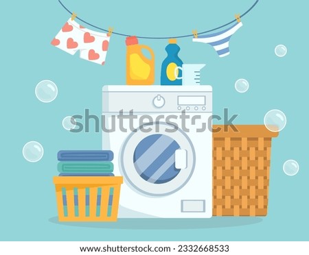 Washing mashine with clothes concept. Laundry, hygiene and cleanliness. Routine and household chores. Rope with underwear, basket for dirty items. Cartoon flat vector illustration