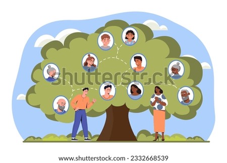 People near family tree concept. Man and woman study past generations. Young couple reading family history. Grandfather and grnadmother with kids. Cartoon flat vector illustration