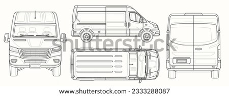 Van diagram template. Outline sketch with light truck or minibus for auto advertising. Ford Transit transport plan in line art style. Linear flat vector collection isolated on white background