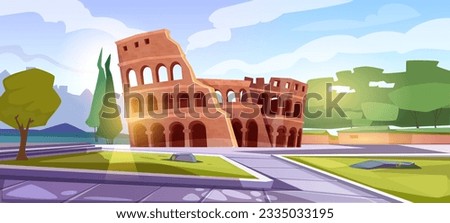 Ancient historic coliseum scenery. Poster with horizontal landscape and popular architectural landmark of Rome. Summer Italian park with colosseum and trees. Cartoon flat vector illustration