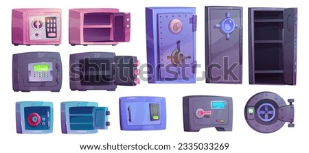 Vault or safe box set. Lock cases with pin codes for storing jewelry, money and valuable documents. Isometric lealistic objects for game ui design. Cartoon flat vector isolated on white background