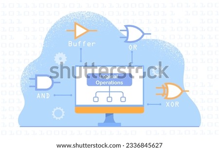 Digital logic gate symbols concept. Modern technologies and innovations, machine learning. Programming and code, computer language. Logical operations. Cartoon flat vector illustration