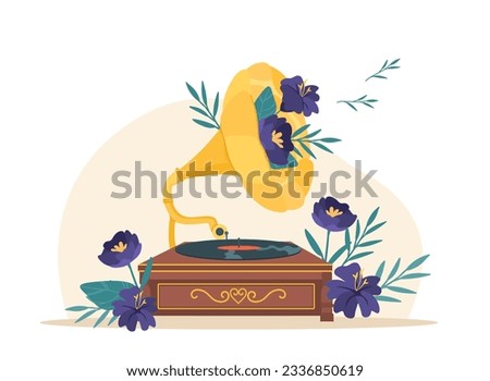 Vintage music concept. Vinyl record on gramophone with lilac flowers. Aesthetics and elegance, luxury. Retro player for musical files, music and songs. Cartoon flat vector illustration