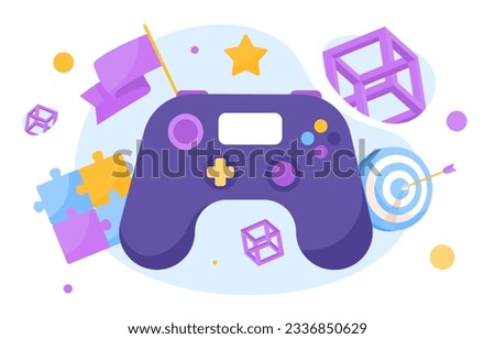 Creative gamification concept. Joystick and gamepad with different geometric figures. Entertainment and fun, video games. Device and gadget, controller. Cartoon flat vector illustration
