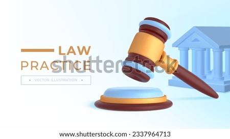 Web page of law and justice. Banner of online website page with hummer and gavel of judge in 3d isometric realistic style. Lawyer, attorney and prosecutor concept. Cartoon flat vector illustration