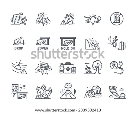 Natural disaster icons set. Instructions for evacuation of earthquake, tornado, flood, tsunami and volcanic eruption. Seismic safety and destruction. Linear flat vector isolated on white background