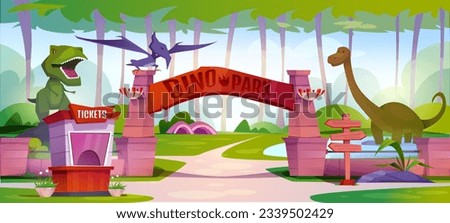 Dinosaur park banner. Horizontal poster with zoo outdoor with tyrannosaurus, pterodactyl and diplodocus. Dino garden with redators and herbivores of jurassic era. Cartoon flat vector illustration