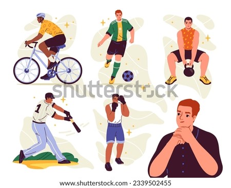 Man chooses sports set. Character rides bike and goes in for boxing, plays football and baseball, does fitness in gym. Guy thinking between physical activities. Cartoon flat vector illustrations