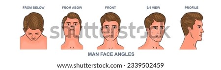 Man face angles set. Head of young human from below and above, front and profile, three quarter and turn of view. Realistic guy portraits. Linear flat vector collection isolated on white background