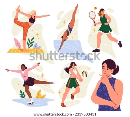 Woman chooses sports set. Female character engaged in yoga and swimming, skating, playing tennis and volleyball. Girl thinks about physical activity. Cartoon flat vector isolated on white background