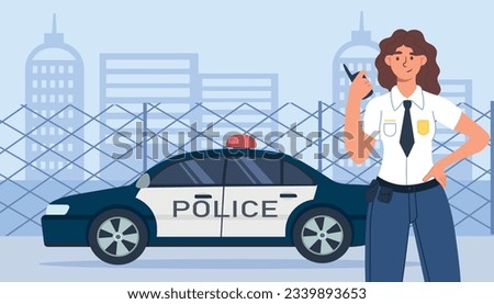 Woman police with car concept. Young girl near automobile. Protecting people from criminals. Street patrol and help. Detective with walkie talkie. Cartoon flat vector illustration