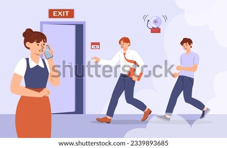 People run from fire concept. Men and women leave room in smoke. Office emergency, fire alarm. Panic and stress. People running to exit. Poster or banner. Cartoon flat vector illustration