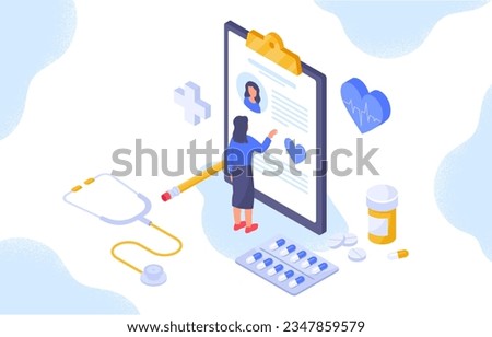 Woman with medicine and healthcare. Young girl near document and contract. Diagnosis and treatment. Character near pills and tablets. Stethoscope and pencil. Cartoon isometric vector illustration