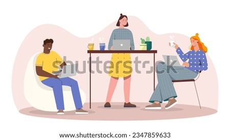 People at modern open space concept. People with laptops sitting at desk. Colleagues and coworkers working on common project. Teamwork and partnership. Cartoon flat vector illustration