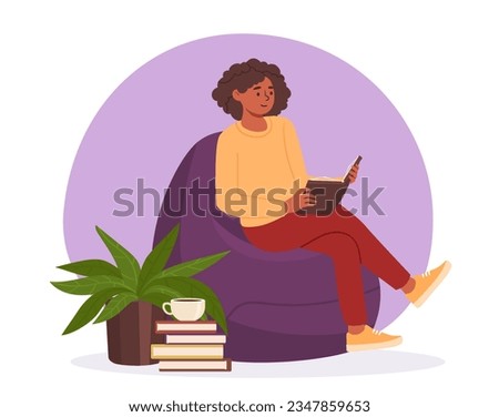 Woman read and relax. Young girl with book sitting in chair. Comfort and coziness in apartment. Love for literature and reading. Useful hobby and leisure. Cartoon flat vector illustration