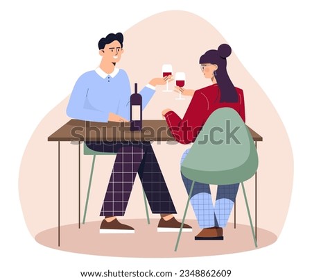 People at romantic dinner concept. Man and woman sitting at table and talking. Love and romance. Care and support. Young girl and guy with wine bottle. Cartoon flat vector illustration