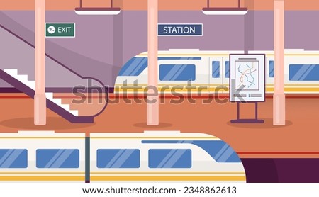 Subway station concept. Trains and staircase. Travel and trip, journey. Urban infrastructure. Rapid transit for people and citizens. Poster or banner. Cartoon flat vector illustration