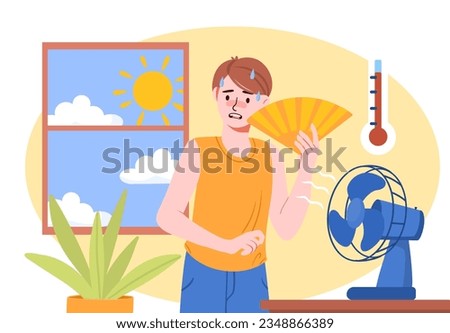 Man in hot weather concept. Young guy with hand and table fan indoor. Sunny summer day and high thermometer. Character with cooling system at home. Cartoon flat vector illustration