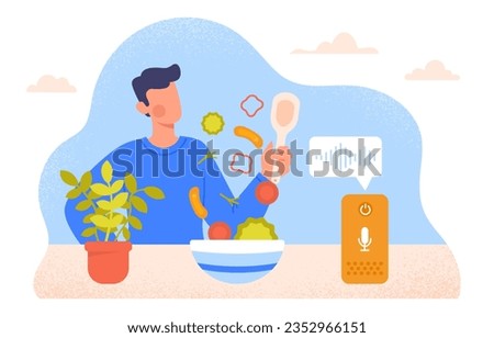 Man with smart speaker concept. Young guy with bowl of vegetables and salad. Modern technolopgies, gadget and device. Wireless connection, bluetooth and wifi. Cartoon flat vector illustration