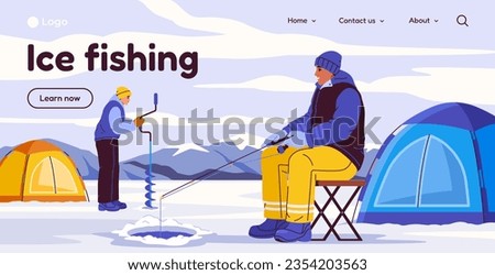 Ice fishing poster. Homepage of online website with fishermen on frozen lake in winter. Outdoor activity characters with tents and fish rods. Hobbies and leisure. Cartoon flat vector illustration