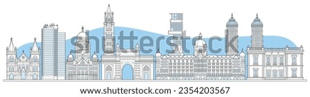 Mumbai cityscape sketch. Horizontal banner with outline architecture and buildings, houses and skyscrapers, monument and attractions. Linear flat vector illustration isolated on white background