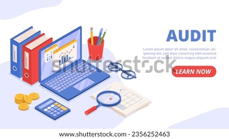 Isometric audit banner concept. Laprop, magnifying glass and stack of books and documents. Analytics and evaluation of graphs and charts. Landing page design. Cartoon 3D vector illustration