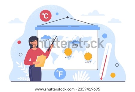 Woman with weather forecast concept. Young girl with pointer near map with sun and rain. Meteorologist at workplace with thermometer. Celsius and fahrenheit. Cartoon flat vector illustration