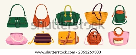 Designer bags set. Colorful variation of trendy female clutche and pouche, hobo and beach bag, handbag and shopper, tote and cross body. Cartoon flat vector collection isolated on white background