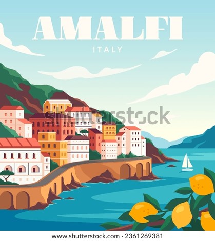 Coast of italy poster. Colorful banner with Italian landscape and buildings, sea and lemon tree. Nature and architecture of Amalfi town. Travel and tourism concept. Cartoon flat vector illustration