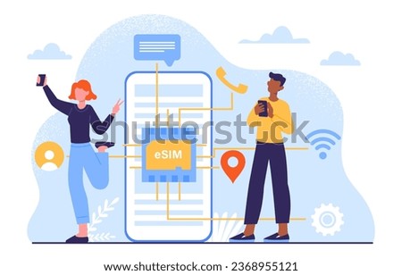 Built in eSim concept. Man and woman near SIM card at smartphone. Distance communication and interaction. Mobile wireless connection and internet, 5G. Cartoon flat vector illustration