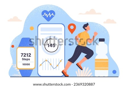 Sport fitness tracker concept. Man runs against near smart watch and smartphone. Gadgets and devices, modern technologies. Active lifestyle and sports, training. Cartoon flat vector illustration