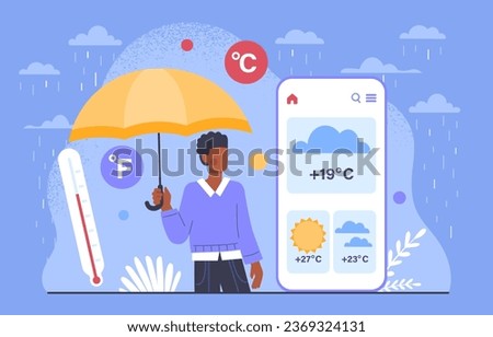 Weather forecasting concept. Man with umbrella under rain near smartphone screen. Fall and autumn season and windy wet weather. Fahrenheit and celsius. Cartoon flat vector illustration