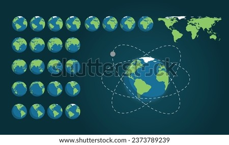 Earth Animation Set. A physical map with the continents of the earth. Trajectory of the Earth's satellite, the Moon. Vector illustration