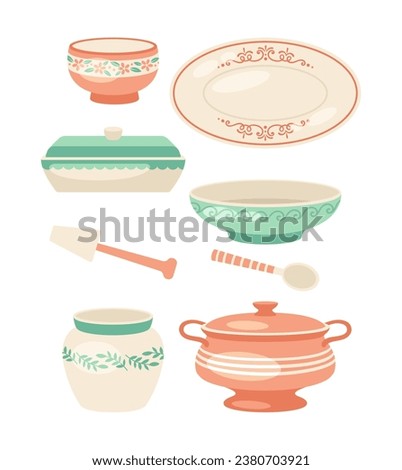 Kitchen utensil set. Dishware in coorful patterns. Ceramics and pottery. Green bowl and red pan. Dish with floral ornaments. Cartoon flat vector collection isolated on white background